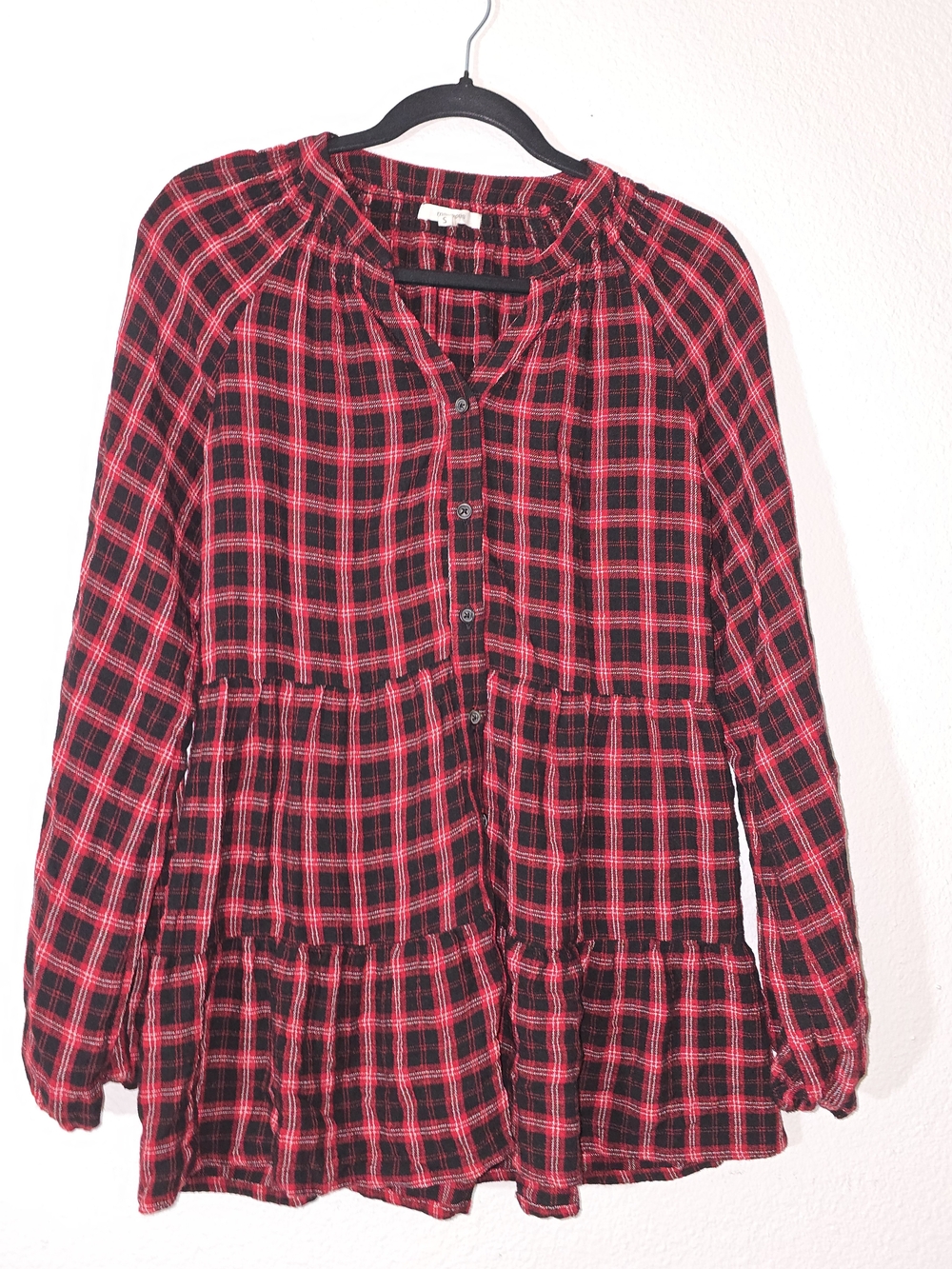 Maurices Red and Black Plaid Button-Front Peplum Tunic